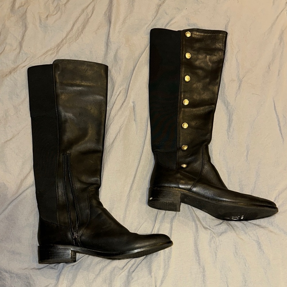 Vince Camuto Black Over-the-Knee Leather Boots with Gold Button Accents - Picture 2 of 4